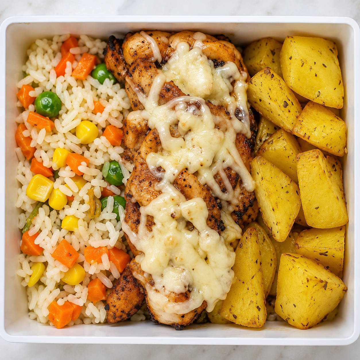 Frango Pizzaiolo, Arroz a grega e Batata Rústica 300g